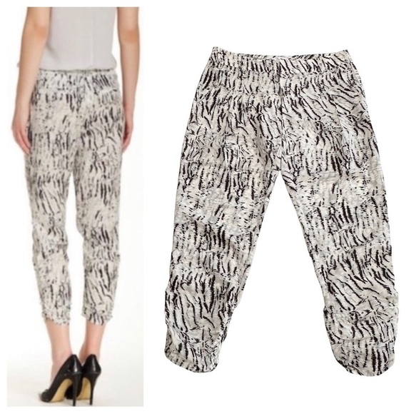 Parker ruched cropped Devlin pants pleated front pockets tiger print green sz 8 - Picture 6 of 15